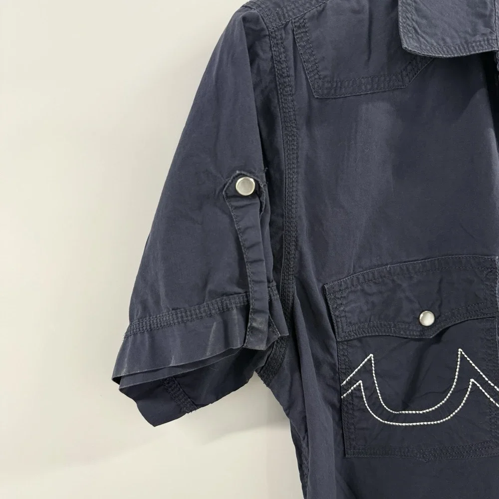 True Religion Mens Medium Navy Western Pearl Snap Shirt Made USA Y2K Graphic